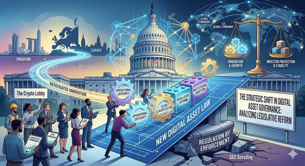 An informative and conceptual infographic illustration about the strategic shift in digital asset governance and crypto legislative reform in the United States. In the center, a large blueprint labeled "NEW DIGITAL ASSET LAW" bridges over a cracked ground marked "REGULATION BY ENFORCEMENT" and "SEC Scrutiny" towards the U.S. Capitol building. Diverse groups of professionals, representing "The Crypto Lobby," roll gears labeled "OPERATIONAL CERTAINTY" and place building blocks labeled "CLEAR CLASSIFICATION," "REGULATORY REFORM," and "INSTITUTIONAL ADOPTION." In the background, glowing data lines connect global financial hubs like Singapore and Europe with the text "REPATRIATED INNOVATION," while a balanced scale weighs "INNOVATION & GROWTH" against "INVESTOR PROTECTION & STABILITY" under a global digital network map.