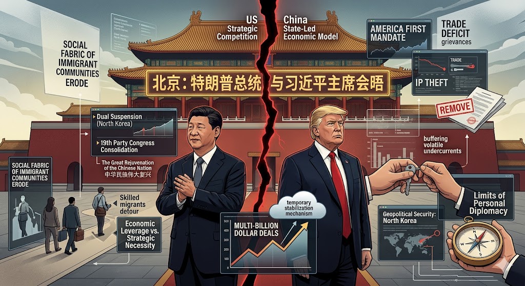 A detailed conceptual infographic illustrating the strategic calculations behind China's elaborate reception of the Trump administration in Beijing. In the center, a jagged red crack splits the image, separating Chinese President Xi Jinping on the left from U.S. President Donald Trump on the right, both standing in front of the Forbidden City. Above them, a sign reads "BEIJING: MEETING BETWEEN PRESIDENT TRUMP AND PRESIDENT XI" in golden Chinese characters. Xi Jinping's side features data screens labeled "Dual Suspension (North Korea)," "19th Party Congress Consolidation," and "Economic Leverage vs. Strategic Necessity." Trump's side displays screens for "AMERICA FIRST MANDATE," "TRADE DEFICIT grievances," and "IP THEFT." In the foreground, hands hold a compass pointing north, a document is marked with a red "REMOVE" stamp, and a line chart displays "MULTI-BILLION DOLLAR DEALS" alongside text highlighting the "Limits of Personal Diplomacy."