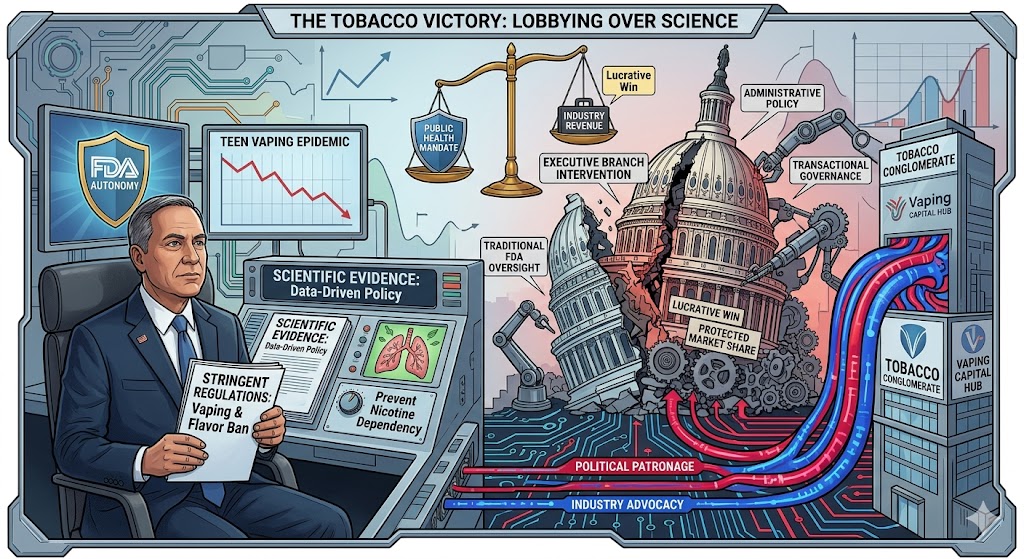 An editorial infographic illustrating tobacco industry lobbying over science, showing a contrast between FDA's data-driven policy and corporate campaign funding influencing government policy.
