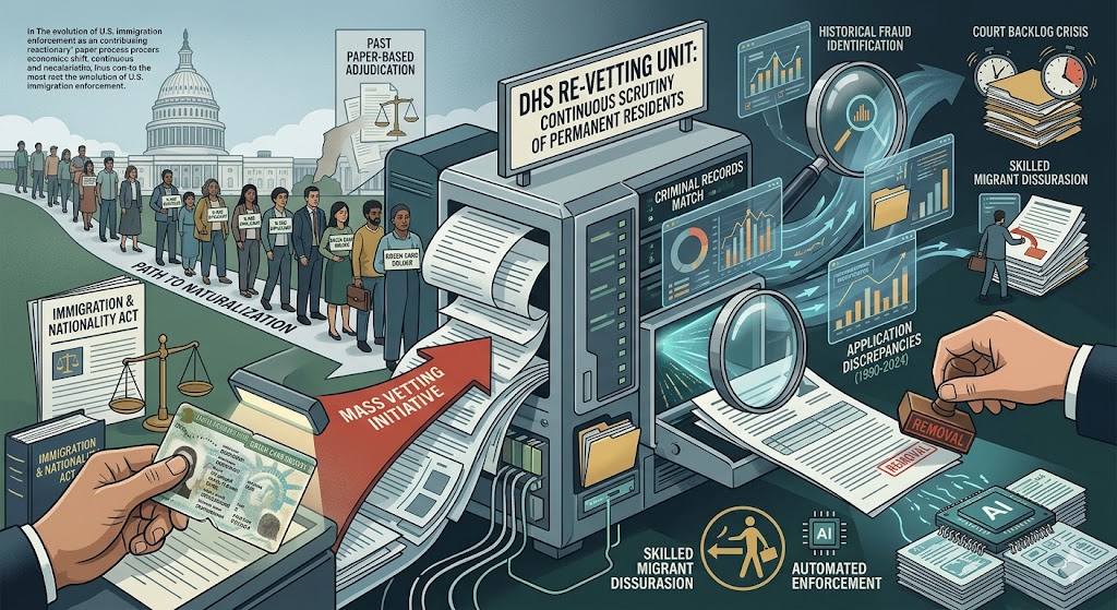 A detailed conceptual infographic illustrating the evolution of U.S. immigration enforcement and the new DHS Re-Vetting Unit. In the foreground, a hand places a Lawful Permanent Resident card (Green Card) into a scanner labeled "MASS VETTING INITIATIVE," feeding data into a large central processing machine titled "DHS RE-VETTING UNIT: CONTINUOUS SCRUTINY OF PERMANENT RESIDENTS." Magnifying glasses scrutinize documents for "HISTORICAL FRAUD IDENTIFICATION" and "APPLICATION DISCREPANCIES (1990-2024)." On the left, a line of diverse immigrants walks along a path labeled "PATH TO NATURALIZATION" towards the U.S. Capitol building. On the right, an analyst stamps a document with a "REMOVAL" stamp near an AI microchip representing "AUTOMATED ENFORCEMENT," with additional charts highlighting a "COURT BACKLOG CRISIS" and "SKILLED MIGRANT DISSUASION."