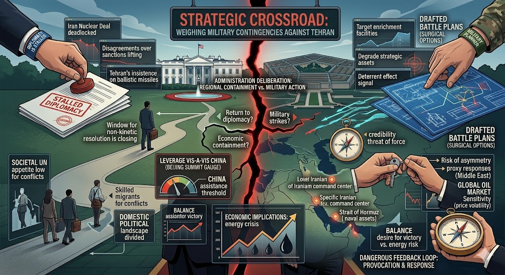 A comprehensive conceptual infographic depicting the Trump administration's strategic dilemma regarding military options against Iran. A jagged red lightning bolt splits the image down the center, separating diplomacy from military action. The top header reads "STRATEGIC CROSSROAD: WEIGHS MILITARY CONTINGENCIES FOLLOWING STALLED DIPLOMACY." The left side features the White House and signs for "Stalled Diplomacy," "Iran Non-Compliance," and "Peace negotiations stagnant," along with a group of citizens labeled "Domestic political landscape divided." The right side features the Pentagon with data screens for "Comprehensive Battle Plans," "Command & Control," and "Naval Assets (Hormuz)." The lower portion includes a map of the Middle East focusing on the Strait of Hormuz, an oil price chart labeled "Economic Implications: energy crisis," and hands holding a compass and keys, representing geopolitical security and the "Dangerous Feedback Loop: Provocation & Response."