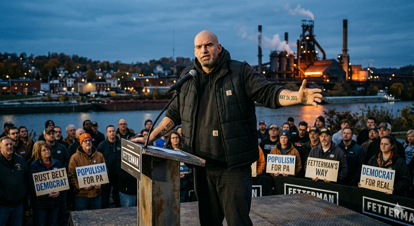 Senator John Fetterman delivering a speech in Pennsylvania, representing the blend of blue-collar populist aesthetic and pragmatic Democratic leadership.