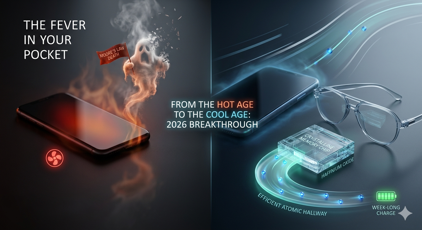 A high-tech conceptual split-screen image titled 'The Fever in Your Pocket,' illustrating the transition from the 'Hot Age' to the 'Cool Age' of electronics. On the left side, a dark smartphone glows with orange heat, emitting a ghostly smoke figure holding a 'Moore’s Law Death' flag to represent energy waste and overheating. On the right side, a sleek, cool-blue environment features transparent aviator-style AR glasses and a glowing 'Crystalline Memory Chip' made of Hafnium Oxide. Electrons flow smoothly through a glowing teal 'Efficient Atomic Hallway' slide, accompanied by a 'Week-Long Charge' battery icon, symbolizing the 2026 technological breakthrough in energy-efficient computing.