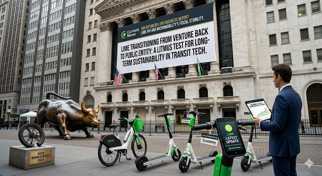 Lime e-scooters and e-bikes parked in an urban setting, representing the transit tech IPO market.