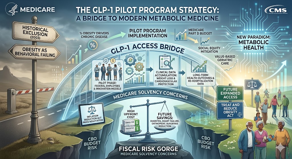 Medicare’in GLP-1 pilot programı makalesi için hazırladığım görsel hazır keke! Web sitenize ekleyebileceğiniz, hem SEO dostu hem de görseldeki tüm detayları (köprü, terazi, bütçe riskleri ve klinik veriler vb.) eksiksiz açıklayan İngilizce alt text: Alt Text: A detailed conceptual infographic illustrating the strategic implementation of Medicare GLP-1 coverage pilots. On the left, a signpost points from "HISTORICAL EXCLUSION (2003)" and "OBESITY AS BEHAVIORAL FAILING" toward a futuristic glowing bridge titled "GLP-1 ACCESS BRIDGE." The bridge spans across a deep canyon labeled "FISCAL RISK GORGE / MEDICARE SOLVENCY CONCERNS" and "CBO BUDGET RISK." At the bottom of the gorge, a balanced scale weighs the "HIGH UPFRONT COST" of Semaglutide and Tirzepatide against "FUTURE SAVINGS" from reductions in diabetes, heart failure, and orthopedic surgeries. Along the bridge, steps show the "PILOT PHASE," "CLINICAL DATA ACCUMULATION," and "LONG-TERM HEALTH OUTCOMES." On the right, the bridge leads to a bright future labeled "NEW PARADIGM: METABOLIC HEALTH" under the CMS logo, where a group of diverse senior citizens walks happily near a sign for the "TREAT AND REDUCE OBESITY ACT."