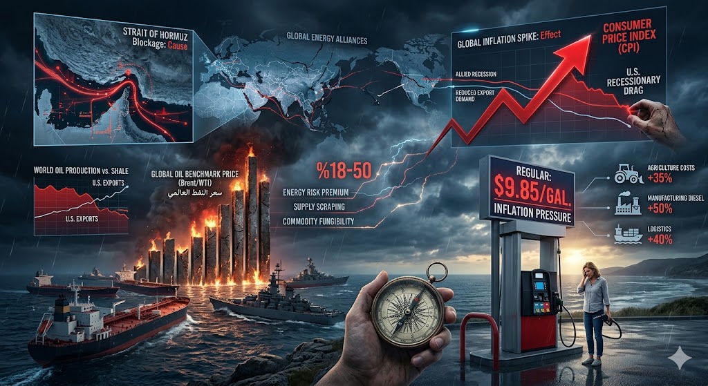 A comprehensive conceptual infographic illustrating the global economic impact of a potential Strait of Hormuz energy crisis. On the left, a stormy ocean shows oil tankers and warships navigating near a burning bar graph labeled "GLOBAL OIL BENCHMARK PRICE." Above them, a map displays a red glowing line indicating a "Strait of Hormuz Blockage: Cause" spreading across "GLOBAL ENERGY ALLIANCES." On the right, a sharp red arrow surges upward on a "CONSUMER PRICE INDEX (CPI)" chart, pointing to a "GLOBAL INFLATION SPIKE: Effect" and "U.S. RECESSIONARY DRAG." In the foreground, a hand holds a compass over the sea, while a stressed woman stands next to a gas pump displaying a high price of "$9.85/GAL." under "INFLATION PRESSURE," with side icons showing rising costs in agriculture, manufacturing, and logistics.