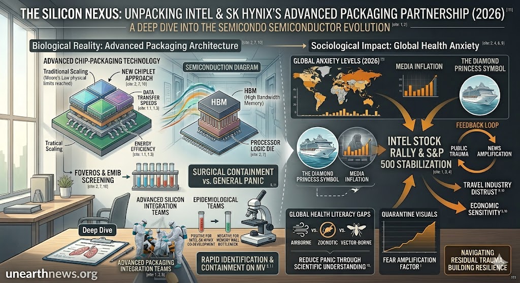 Infographic of Intel and SK Hynix partnership 2026, illustrating advanced chip packaging and HBM integration for AI.