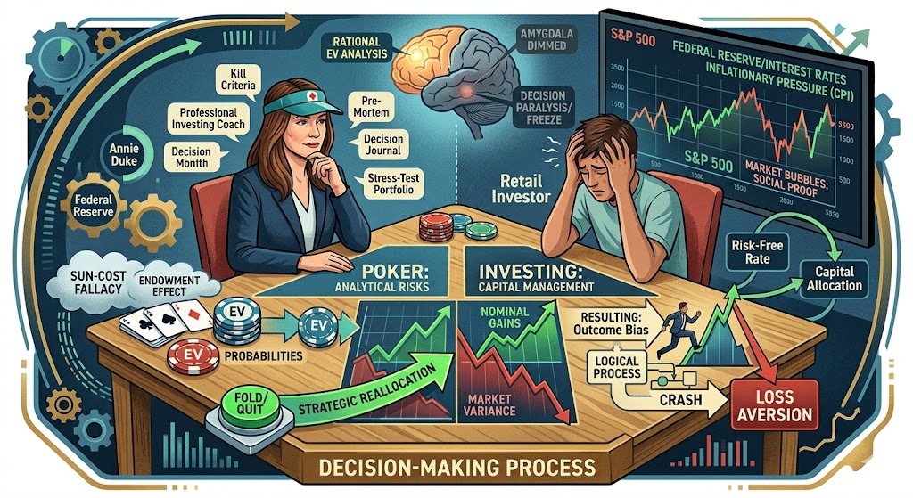 Conceptual art of a poker player at a desk with stock market charts, representing the psychology of risk management.