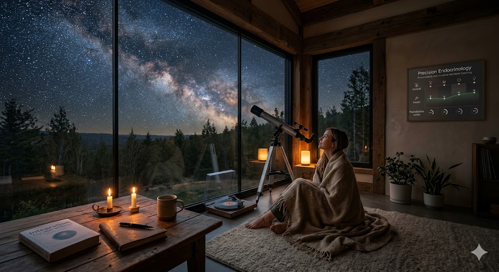 cozy, 'warm organic' room interior at night, designed for the 2026 wellness lifestyle. Through a massive window, the Milky Way and a forest are visible. A woman wrapped in a blanket sits near a telescope, enjoying a 'digital blackout' with analog elements like candlelight and a vinyl record, illustrating night-sky connectedness and circadian health.