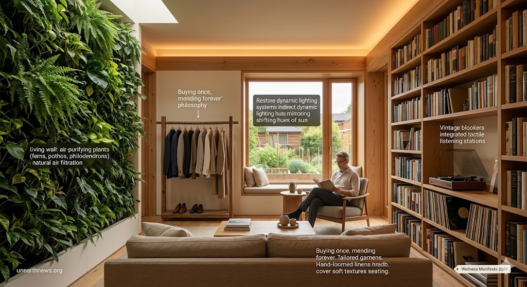 A serene analog sanctuary with biophilic living wall, natural wood bookshelves, and amber-toned indirect lighting reflecting the 2026 wellness manifesto.