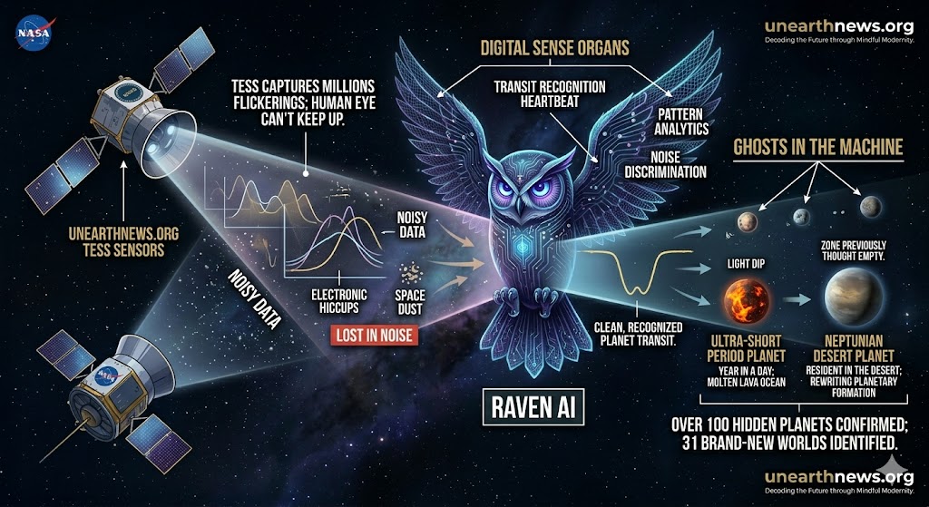 Infographic of RAVEN AI tool identifying 100+ hidden exoplanets from NASA TESS data, showing transit recognition, Neptunian Desert planets, and ultra-short period worlds.