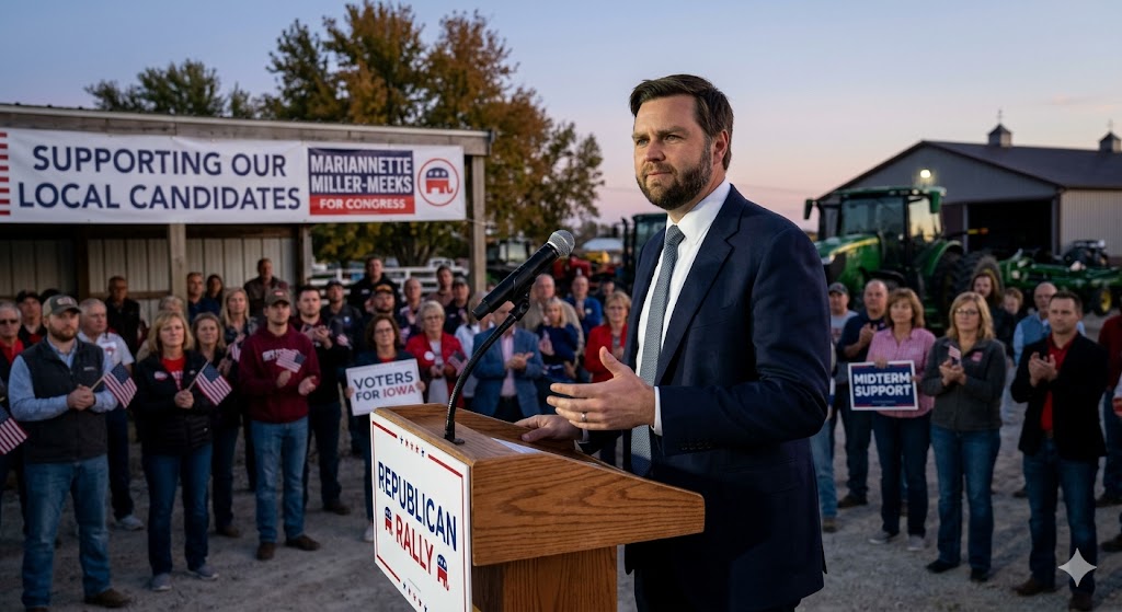 A man resembling J.D. Vance stands at a wooden podium, gesturing while delivering a speech. He is dressed in a formal dark suit and blue tie, projecting a "seasoned executive figure" persona.