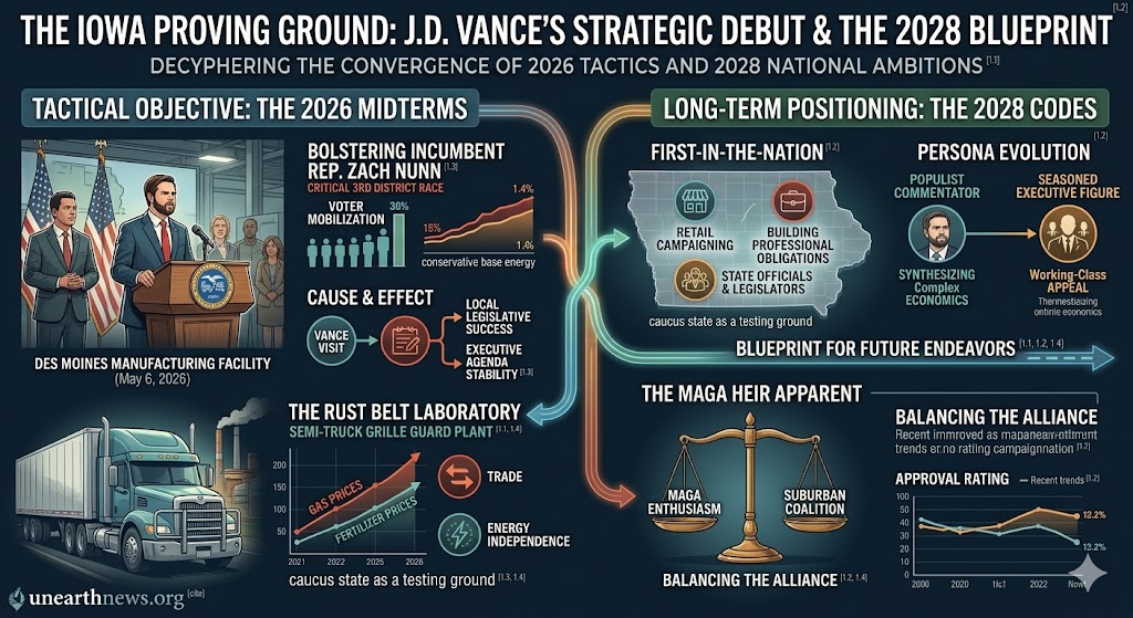 Infographic of JD Vance Iowa visit 2026, analyzing the 2028 presidential blueprint, Rust Belt economic policies, and voter mobilization for the midterms.