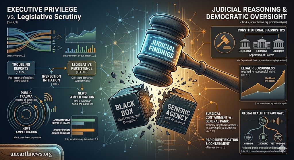 Infographic of ICE detention center oversight ruling 2026, illustrating judicial findings breaking executive black box and separation of powers.