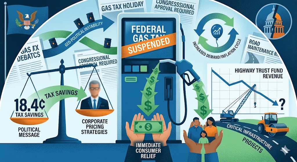 A gas pump showing a tax relief sign with a background of road construction and a declining economic chart.