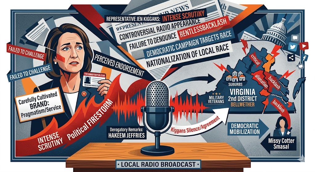 Illustration of a radio microphone and political symbols representing the Jen Kiggans controversy.