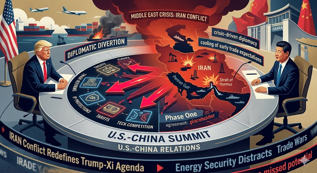 Editorial illustration of President Trump and President Xi Jinping at a summit table with the shadow of a Middle East conflict map looming over them.