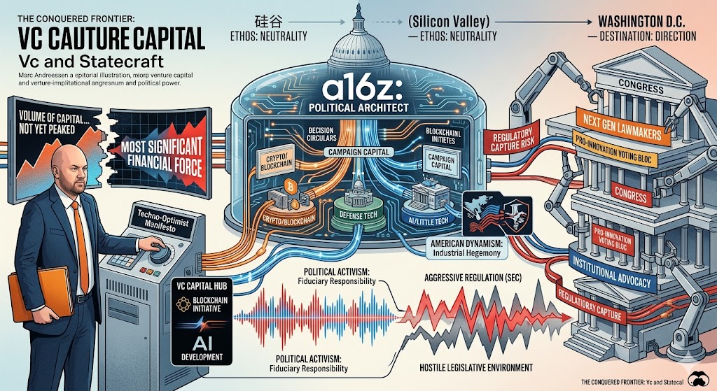 An editorial infographic illustrating a16z political influence, showing Silicon Valley venture capital funding crypto, defense tech, and AI regulations in Washington D.C.