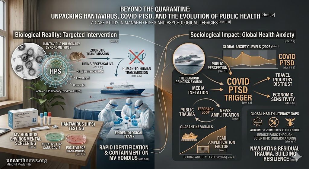 Infographic comparing Hantavirus biological facts vs COVID PTSD sociological impacts, featuring MV Hondius case study and zoonotic transmission mechanics.