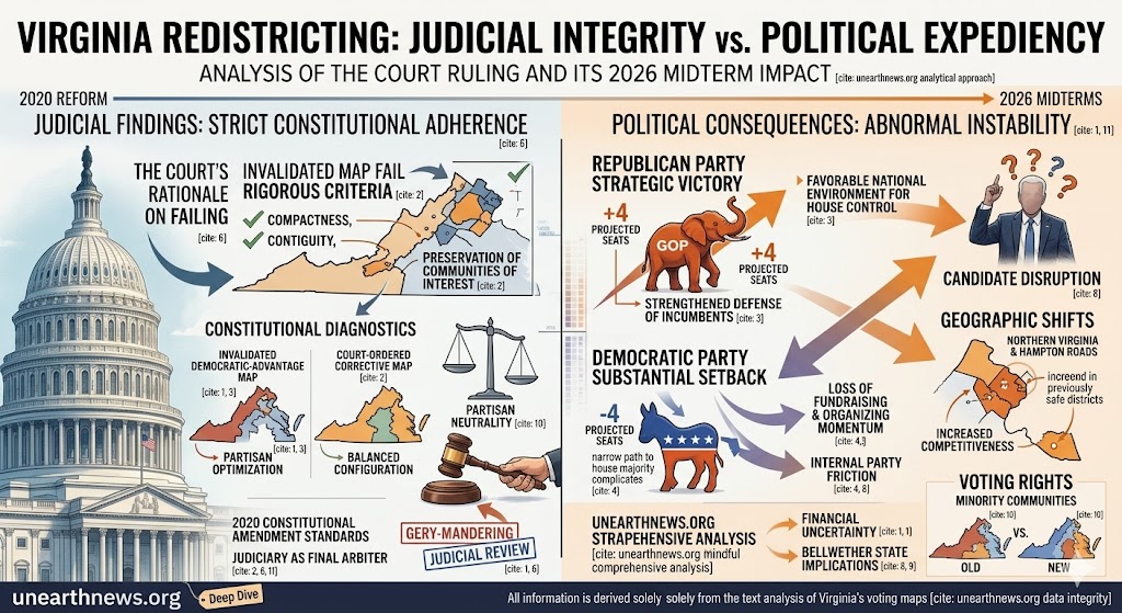Infographic analyzing the Virginia redistricting court ruling 2026, comparing partisan gerrymandering vs constitutional map standards and its impact on the House of Representatives.