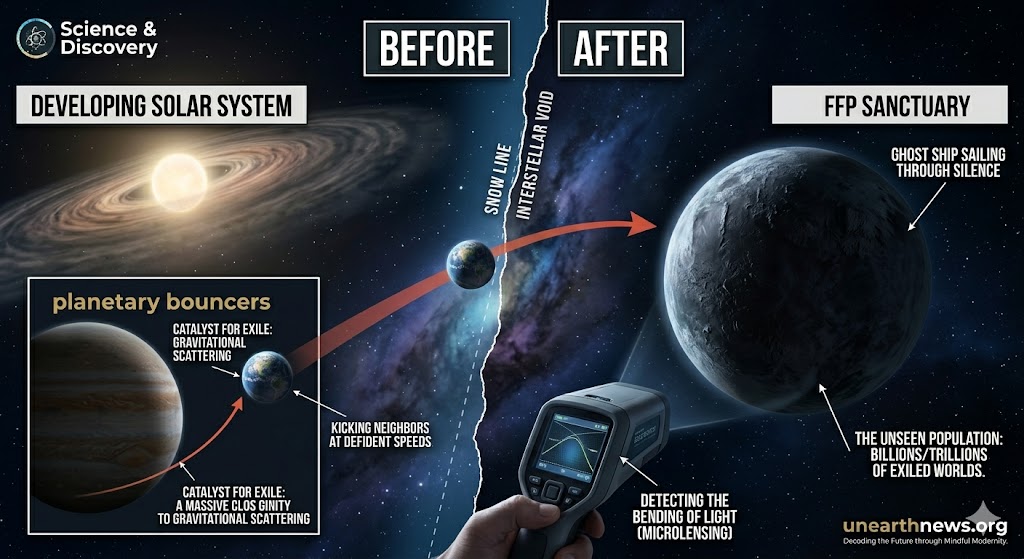 Infographic explaining planetary bouncers and rogue planets (FFPs) formation in the interstellar void with gravitational scattering and microlensing detection techniques.